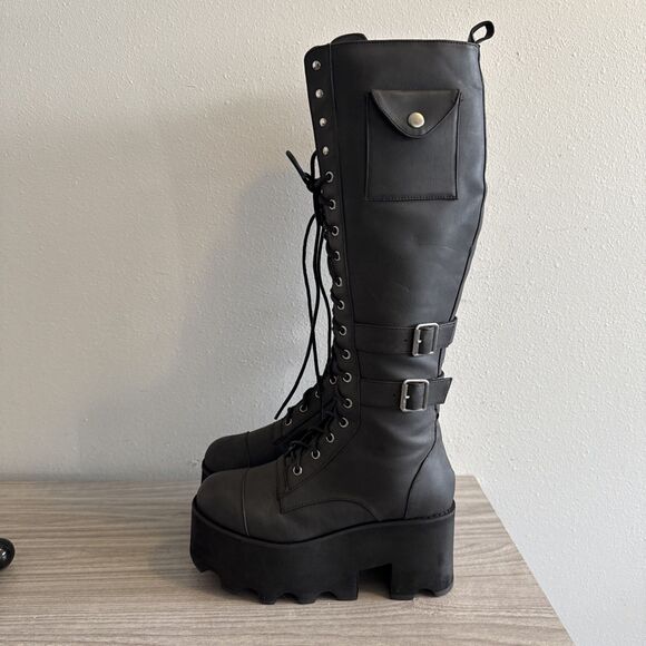 Current Mood Black Leather Tall Combat Platform Boots Lace-Up Zip Womens Size 7 - Picture 5 of 11